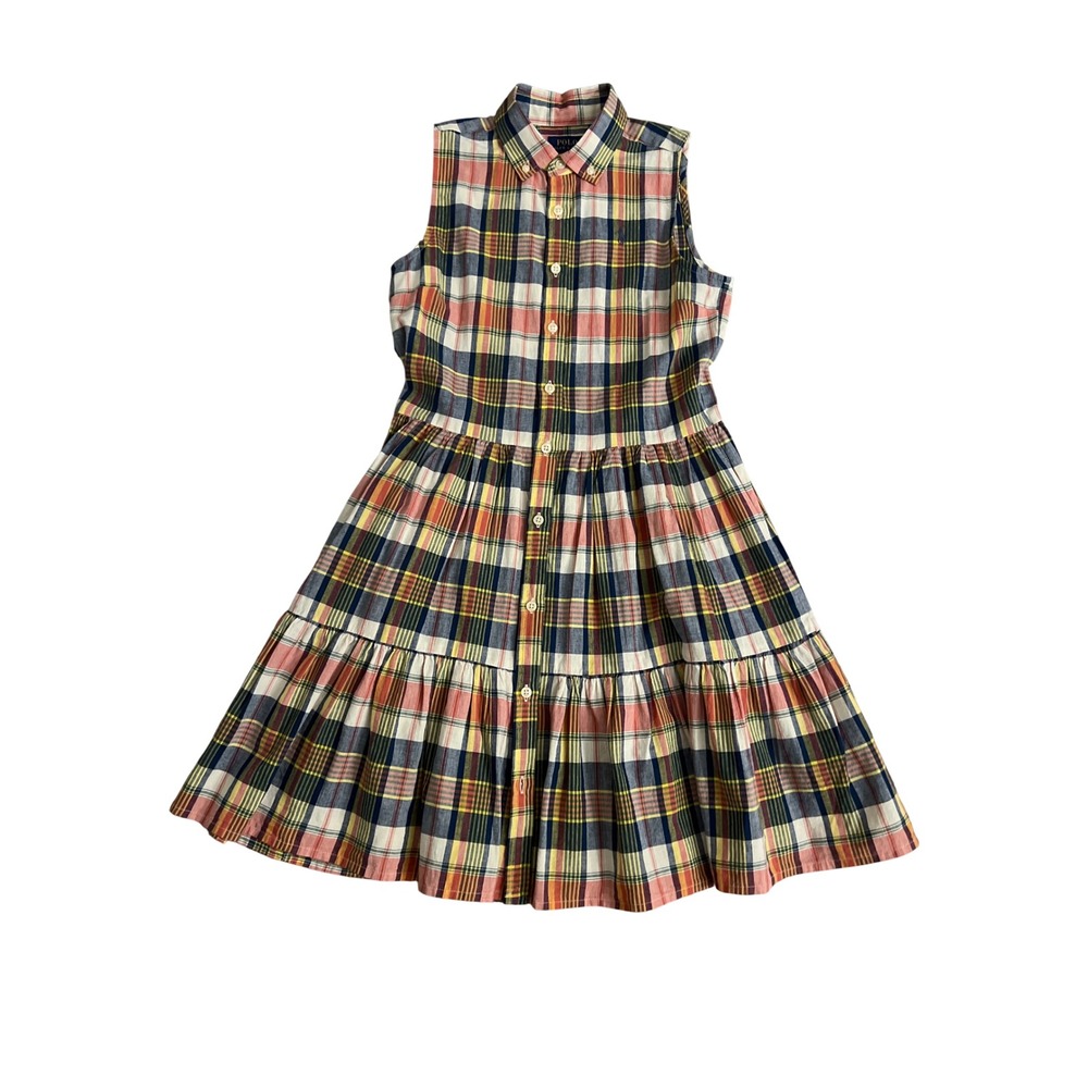 Polo Ralph Lauren Girls Plaid Tiered Cotton Shirt Dress Size 14 pocket